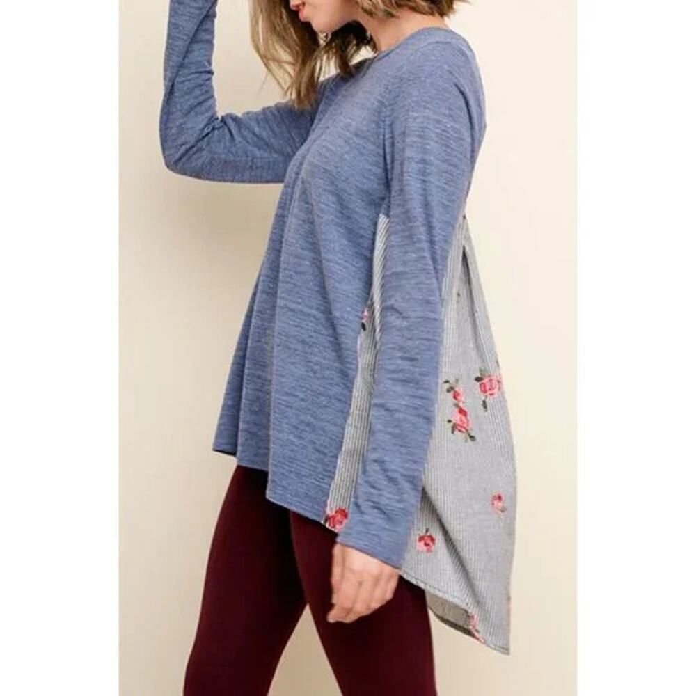 Umgee Size Small Floral Rose Embroidered Hi-Low Long Sleeve Tunic Top Blue